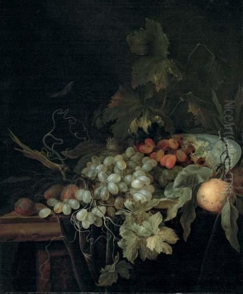 Grapes In A Porcelain Bowl, An Orange, And Plums On A Table - view 1