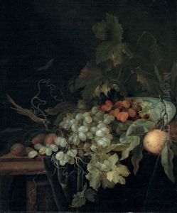 Grapes In A Porcelain Bowl, An Orange, And Plums On A Table