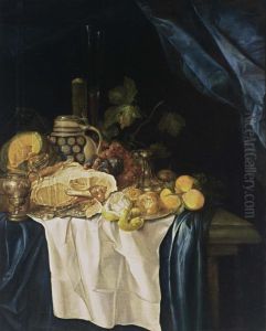A Still Life With A Ham On A Silver Plate, A Melon, Oranges, Peaches, A Lemon, Grapes And Figs, A Mustard Jar, A Sugar Bowl, A Stoneware Jug, And Two Flutes, All On A Draped Table