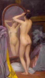 Woman Standing Before A Mirror. Woman Standing Before A Mirror.