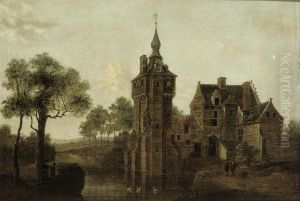 A River Landscape With A Castle, Figures Conversing At Thewaterside by Hendrik Frans de Cort