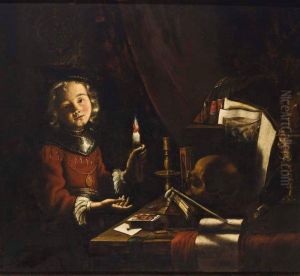 A Vanitas Still Life Of A Young Boy Holding A Candle In Front Of A Table With Playing Cards, A Candle Stick, An Hour-glass, Smoking Utensils, A Skull, A Watch, Books, A Music Score And A Silver Gilt Cup by Adam de Coster
