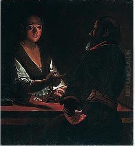 A Candle-lit Scene With Two Figures At A Table (mercenary Love) by Adam de Coster