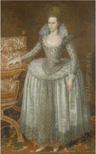 Portrait Of Anne Of Denmark (1574-1619), Wearing A Whitefarthingale Dress And Pearl Sash by John de Critz