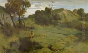 Sheep In An Idyllic Landscape by Alfred P. De Curzon