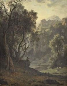 Paysage De Montagnes Et Berger Jouant De La Flute.