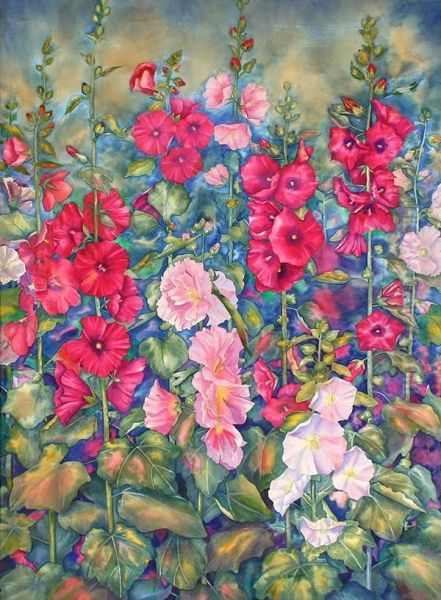 'hollyhocks In A Spring Garden" - view 1