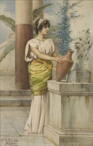 Jeune Femme Puisant De L'eau A Une Fontaine - view 1