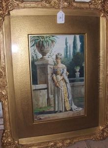 Lady With Fan Standing Beside A Classicalgarden Urn, Signed And Dated '75, Watercolour