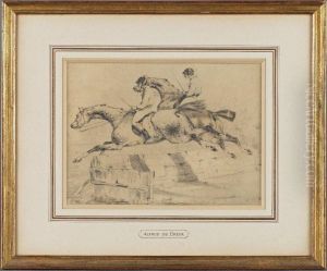 Le Saut De L'obstacle Par Deux Jockeys by Alfred De Dreux