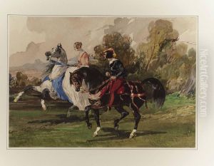 A Lady And Her Suitor On Horseback In Renaissance Costume by Alfred De Dreux
