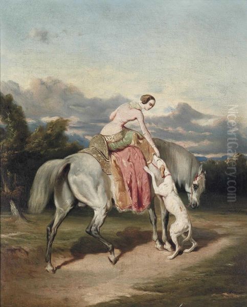 A Lady On Horseback Petting Her Dog - view 1