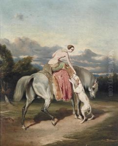 A Lady On Horseback Petting Her Dog by Alfred De Dreux