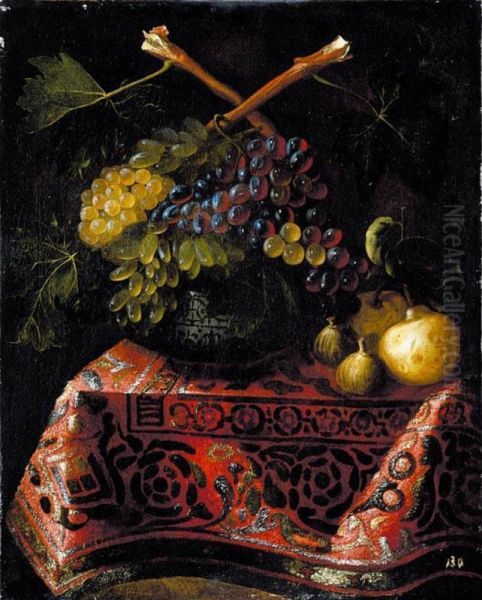 Still Life Of Red And White Grapes In A Blue-and-white Porcelain Bowl, Together With Figs And Pears, All Arranged Upon A Table Draped With A Carpet - view 1