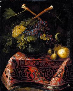 Still Life Of Red And White Grapes In A Blue-and-white Porcelain Bowl, Together With Figs And Pears, All Arranged Upon A Table Draped With A Carpet by Juan Bautista de Espinosa