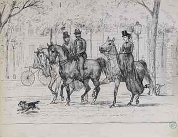 Two Elegant Ladies And A Gentleman On Horseback - view 1
