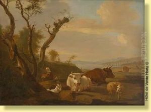 Troupeau Sur Fond De Paysage Lacustre by Nicolas Henri Joseph De Fassin