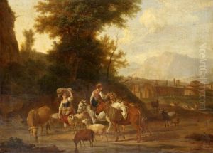 An Italianate Landscape With Drovers Watering Their Animals by Nicolas Henri Joseph De Fassin