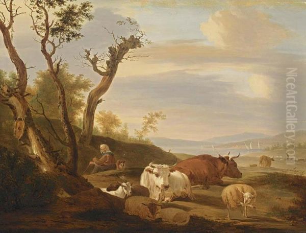 A Pastoral Landscape With A Shepherdess And Her Herd, A Lake With Sailing Boats Beyond - view 1