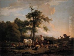 A Cowherd And A Shepherdess On A Riverbank, In A Italianatelandscape by Nicolas Henri Joseph De Fassin