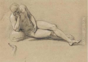 Homme Nu Allonge Et Accoude A Une Pierre Et Etude De Main by Henri Antoine de Favanne