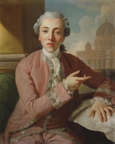 Portrait Of A Gentleman, Seated, Half-length, In A Silver-trimmed Pink Coat And A Powdered Wig, With A Plan Of Valletta And A Domed Church Beyond - view 1