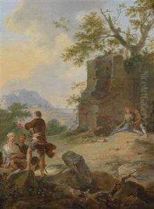 A Pair Of Landscapes With Ruins With Resting People by Franz Ferg