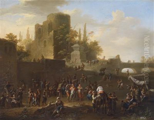 Rural Celebration In Front Of A Ruin And An Ancient Monument - view 1