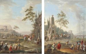 A Landscape With Travellers Conversing Near A Classical Monument, A Bridge Beyond; A Landscape With Travellers Watering Their Horses At A Classical Fountain, A Ruined Castle Beyond by Franz Ferg
