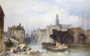 Continental Town Scenes By A River, A Pair by James Vivien de Fleury