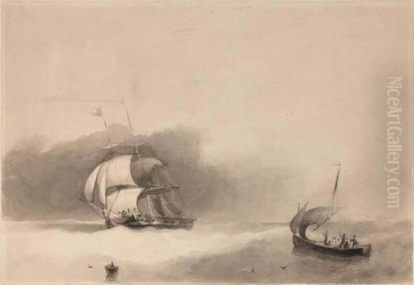 A Ship And A Small Sailing Boat On A Rough Sea - view 1