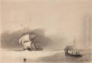 A Ship And A Small Sailing Boat On A Rough Sea by Charles Fred. Barth. De Florimont