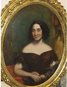 Three-quarter Length Portrait Of Florence Tracy, Shown Seated Wearing A Red Gown And Black Lace Shawl