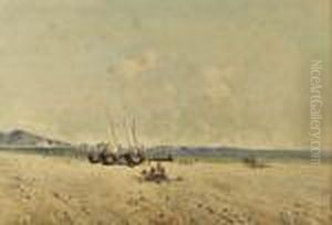 Italian Beach Scene With Fishing Boats And Figures by Mariano De Franceschi