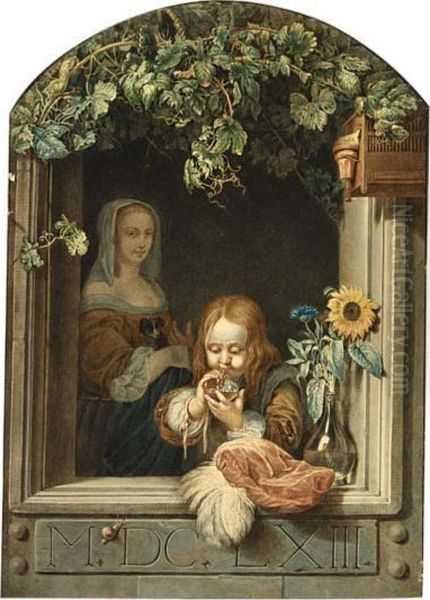 A Boy Blowing Bubbles In A Window With A Maid Standing Behind - view 1