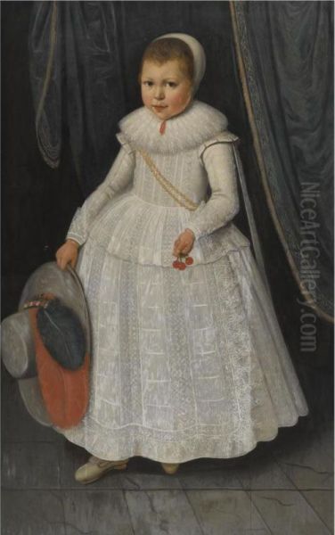 Portrait Of A Young Girl, Full Length, Wearing A White Lace Dress And Holding A Hat And Cherries - view 1
