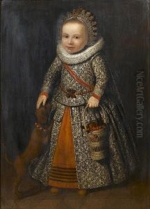 Portrait Of A Child, Full Length, In A White Dress, Ruff Collar And Lace Cap, Holding A Basket Of Cherries, Standing Beside A Dog