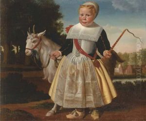 Portrait Of A Young Girl, Standing Full-length, In A Landscape,holding A Tethered Goat With Her Right Hand And A Whip In Her Lefthand