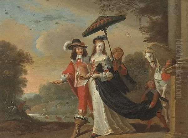 Elegant Figures On A Terrace With Figures Hunting Beyond - view 1