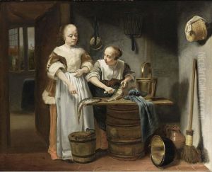 A Lady In A Kitchen Interior With A Maid Scaling Fish by Justus De Gelder