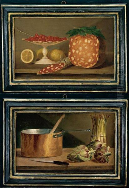 Natura Morta Con Mortadella, Fragoline Di Bosco Su Un'alzata, Un Salame E Limoni; Natura Morta Con Asparagi, Carciofi, Un Coltello Ed Un Tegame Di Rame - view 1