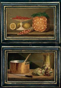 Natura Morta Con Mortadella, Fragoline Di Bosco Su Un'alzata, Un Salame E Limoni; Natura Morta Con Asparagi, Carciofi, Un Coltello Ed Un Tegame Di Rame by Eugenio De Giacomi