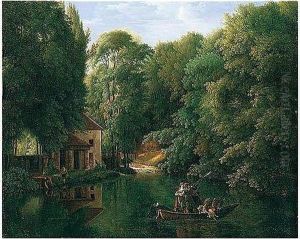 View Of 'la Brasserie' At Ermenonville, With Sportsmen Shooting Duck On A River by Alexandre-Franois-Louis Comte De Girardin