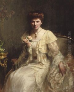 Portrait Of Mrs Haslam, Seated Three-quarter-length, In A White Dress And Pearl Necklace by Hugh Twenebrokes De Glazebrook