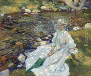 Jane Emmet De Glehn By A Stream, Val D'aosta by Wilfred Gabriel De Glehn