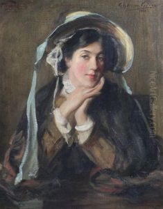 Portrait Of A Lady With Blue Ribbon Tied Bonnet by Graham De Glen
