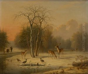 Fagotier Et Animaux Dans Unpaysage Enneige by Pieter De Goeje