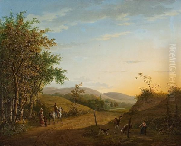 Waldweg Mit Reiter Und Landvolk Bei Sonnenuntergang - view 1