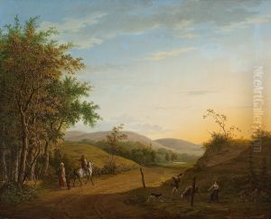 Waldweg Mit Reiter Und Landvolk Bei Sonnenuntergang by Pieter De Goeje