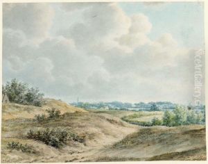 A Dune Landscape With A Church-tower And A Mill In The Background by Pieter De Goeje